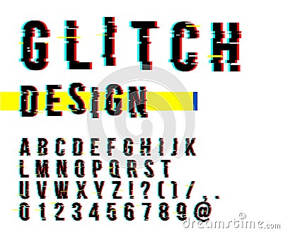 Trendy style distorted glitch typeface. Letters and numbers vector illustration. Glitch font design. Vector Illustration