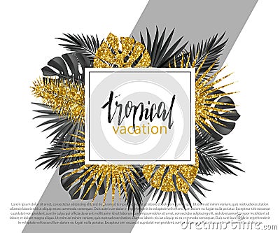 Trendy summer banner, poster with golden tropical plants and leaves . Vector universal background with place for text. Stock Photo