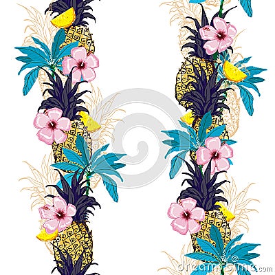 Trendy Summer bright tropical in stripe line with pineapple outline, palm tree ,leaves and hisbiscus flowesr in seamless pattern Stock Photo