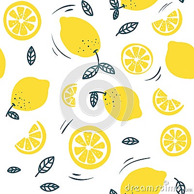 Trendy summer pattern with lemons and white background. Hand drawn lemons design for textile, cases, prints etc. Vector Vector Illustration