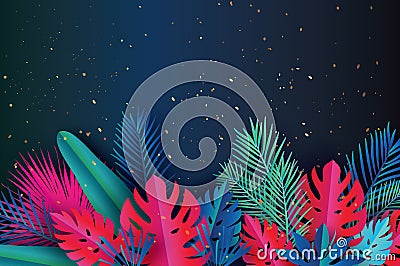 Trendy Summer Sale Template banner. Paper art Tropical palm leaves, plants. Vector Illustration