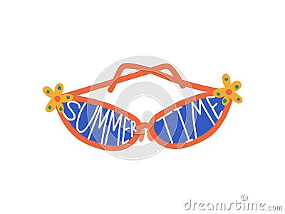 Trendy Sunglasses with Blue Lenses and Summer Time Inscription, Beach Accessory, Summer Travel Symbol Vector Vector Illustration