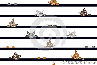 Fanny cats on the wide stripped pattern. Vector Illustration