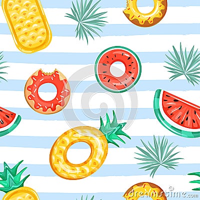 Trendy texture for textile. Seamless pattern with inflatable swimming pool rings in the shape of pineapple, watermelon, and donut. Vector Illustration