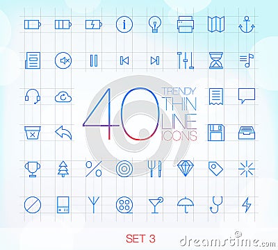 40 Trendy Thin Icons Set 3 Vector Illustration