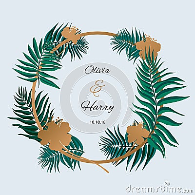 Trendy Tropical Leaves Vector Design. Palm leaves with golden flowers. Stock Photo