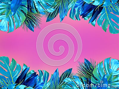 Trendy turquoise colored close up of various tropical leaves on bright pink and violet background Stock Photo