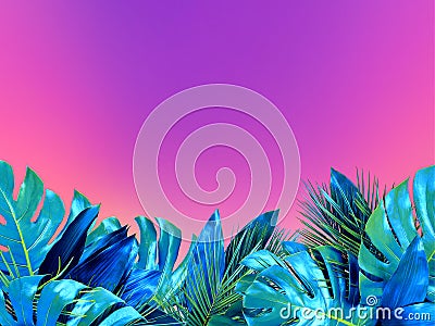 Trendy turquoise colored close up of various tropical leaves on bright pink and violet background Stock Photo