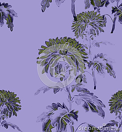 Trendy seamless pattern with silhouettes of chrysanthemum flowers and leaves. Stock Photo