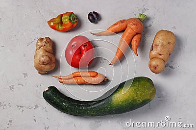 Trendy Ugly Organic Vegetables: potatoes, carrots, tomato, pepper, zucchini and plum on gray background, ugly food Stock Photo