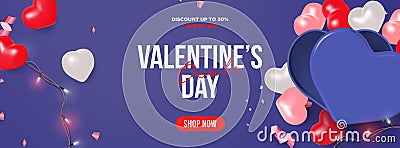 Trendy valentine`s day sale banner template. 3d realistic flat lay party arrangement with heart shaped box, confetti and li Vector Illustration