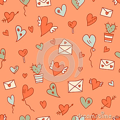 Trendy valentine seamless pattern for wrapping paper, background, textile. Retro style abstract print. Hand drawn vector Vector Illustration