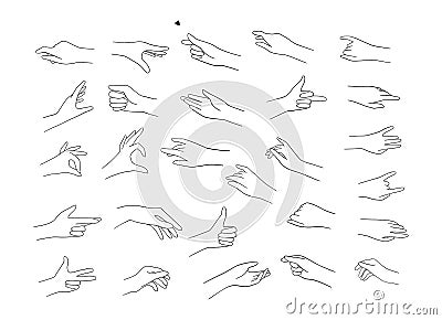 Trendy vector drawings of hand in linear style. Minimalism illustration. Black line hands in different positions. Line and Vector Illustration