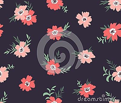 Trendy vector seamless floral ditsy pattern. Fabric design with simple flowers on the dark background. Vector Illustration