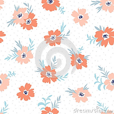 Trendy vector seamless floral ditsy pattern. Fabric design with simple flowers on the light polka dot background. Vector Illustration