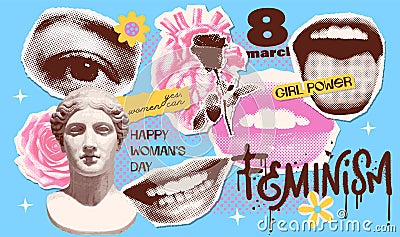 Trendy vintage collage torn out stickers set in grunge style. Halftone lips, eyes, heart, flower and antique female bust Vector Illustration