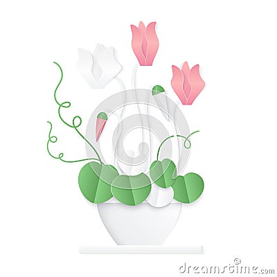 Trendy volumetric paper cuted style Cyclamen flowers vector illustration. Vector Illustration