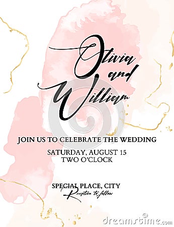 Trendy wedding watercolor blushes. Vector Chic Background with splashes and golden texture, calligraphic text. Hand-drawn tender Vector Illustration