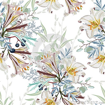 Trendy white Floral pattern with the many kind of flowers. Botanical Motifs scattered random. Stock Photo