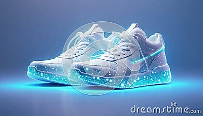 Trendy white sneakers in neon light. Neon Glow Fashionable sport Footwear, Neon sneaker with lighting effect Stock Photo