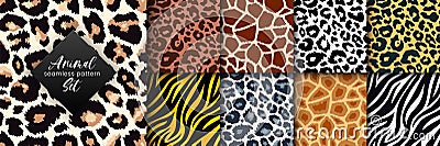 Trendy wild animal seamless pattern collection. Vector leopard, cheetah, tiger, giraffe, zebra skin texture set for fashion print Vector Illustration