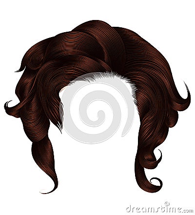 Trendy woman curly hairs brown brunette color . medium length . Stock Photo