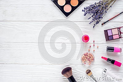 Trendy woman desk with decorative cosmetic, lavender white background top view mockup Stock Photo