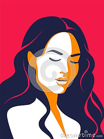 Trendy woman poster. Minimalist portrait. Female with closed eyes and long loose hair. Contemporary art banner Vector Illustration