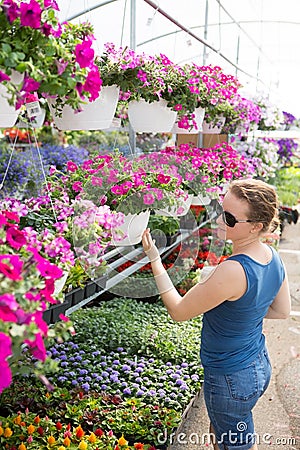 Trendy woman selecting nursery plants Stock Photo