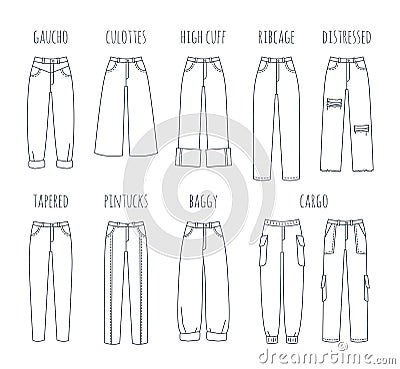 Trendy women jeans styles vector thin line icons Vector Illustration
