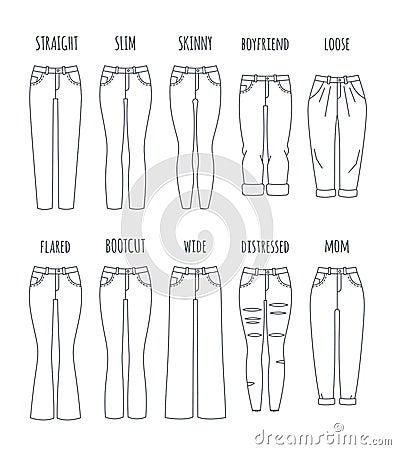 Trendy women jeans styles vector thin line icons Vector Illustration