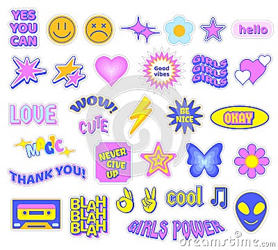 Trendy Y2K stickers. Cute girly patches, butterfly and glamour heart symbols. Retro stars, flowers and smiles vector set Vector Illustration