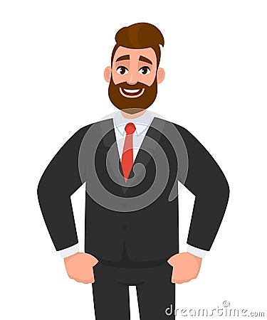 Trendy young bearded businessman standing and holding hands in pockets. Cheerful stylish person in black colour formal business. Vector Illustration