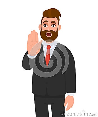 Trendy young business man making or showing stop gesture sign with hand, saying no. Shocked person warning signal with palm. Vector Illustration
