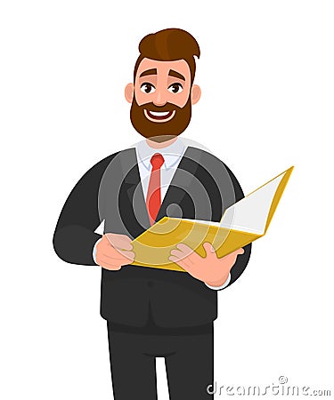 Trendy young businessman holding a file. Stylish person in black suit, reading yellow folder or documents. Male character design. Vector Illustration