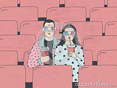 Trendy young couple in cinema. Fashionable guy and girl in 3d-glasses with popcorn and drink. Colorful hand drawn vector Vector Illustration