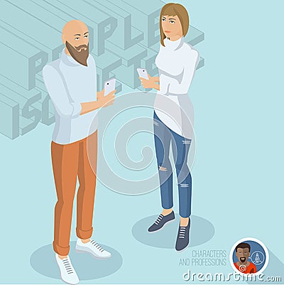 Trendy young man and woman with smartphones. Vector Illustration