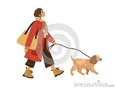 Trendy young woman walking with dog. Pet owner strolling with cute puppy on leash. Hand-drawn colored flat vector Vector Illustration