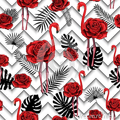 Trendy zigzag lines print embroidered red roses and flamingo seamless pattern Vector Illustration