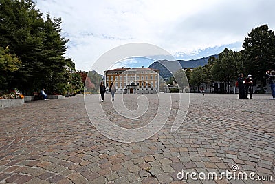 Piazza Fiera with the Bishop`s Palace in the city center of Trento. Editorial Stock Photo