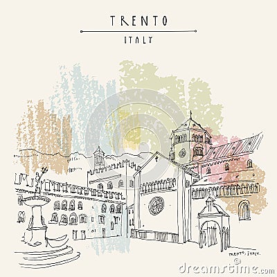 Trento, Italy. Cathedral Squar and the Fountain of Neptune. Hand drawn vintage touristic postcard Vector Illustration