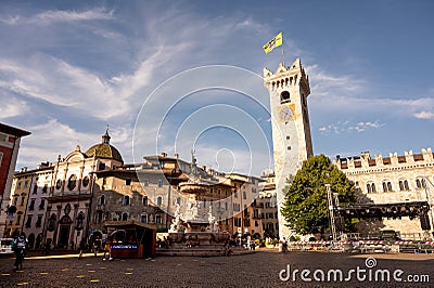 Trento, Italy, June 2021. Amazing photograph at the golden hour of the main square: in evidence the frescoed facade of the Editorial Stock Photo