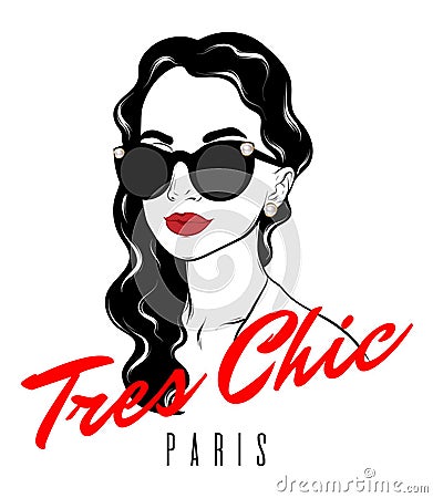 Tres chic. Paris. Vector hand drawn illustration of girl with curly hair isolated. Vector Illustration