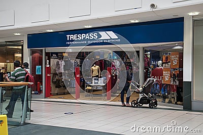 Trespass performance outdoor clothing store shop entrance in shopping centre mall Editorial Stock Photo