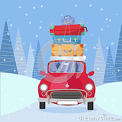 Treveling by red car with pile of luggage bags on roof on the road by the snowy forest. Winter tourism, travel, trip. Flat cartoon Cartoon Illustration