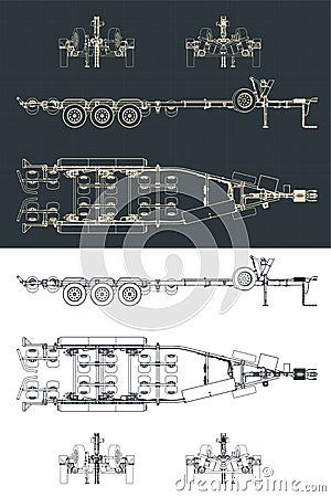 Tri axle boat trailer blueprints Vector Illustration
