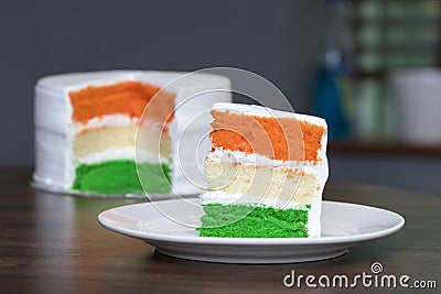 Tri-coloured or tiranga Layed sponge Cake for Independence/republic Day celebration using Indian Flag colours Stock Photo