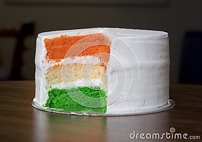 Tri-coloured Tiranga Layer sponge Cake Independence Day Special.Concept for Happy Independence day india or Republic Day india gre Stock Photo