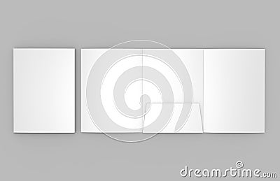 Tri-fold Blank white reinforced A4 single pocket folder catalog on grey background for mock up. 3D rendering. Stock Photo