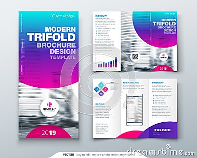 Tri fold brochure design. Cool business template for tri fold flyer. Layout with modern circle photo and abstract Vector Illustration